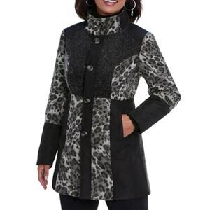 Midnight Velvet Quilted Mixed Media Gray Black Leopard Thigh Length Jacket